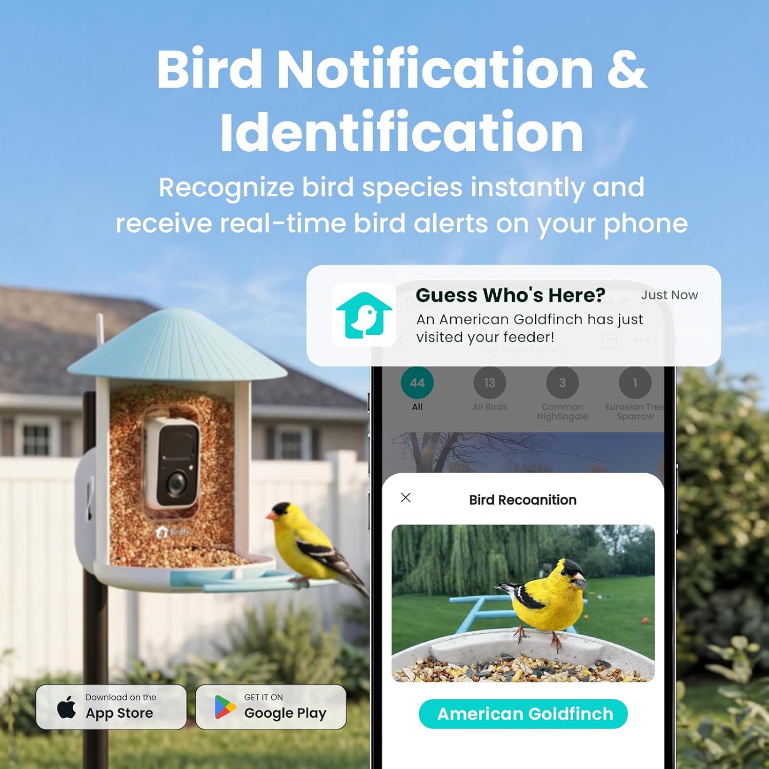 Netvue Birdfy smart bird feeder camera mounted in garden