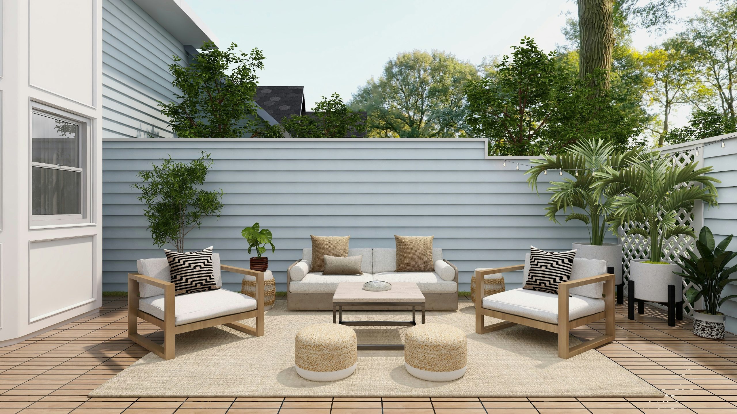 Neutral indoor outdoor performance area rug on a patio